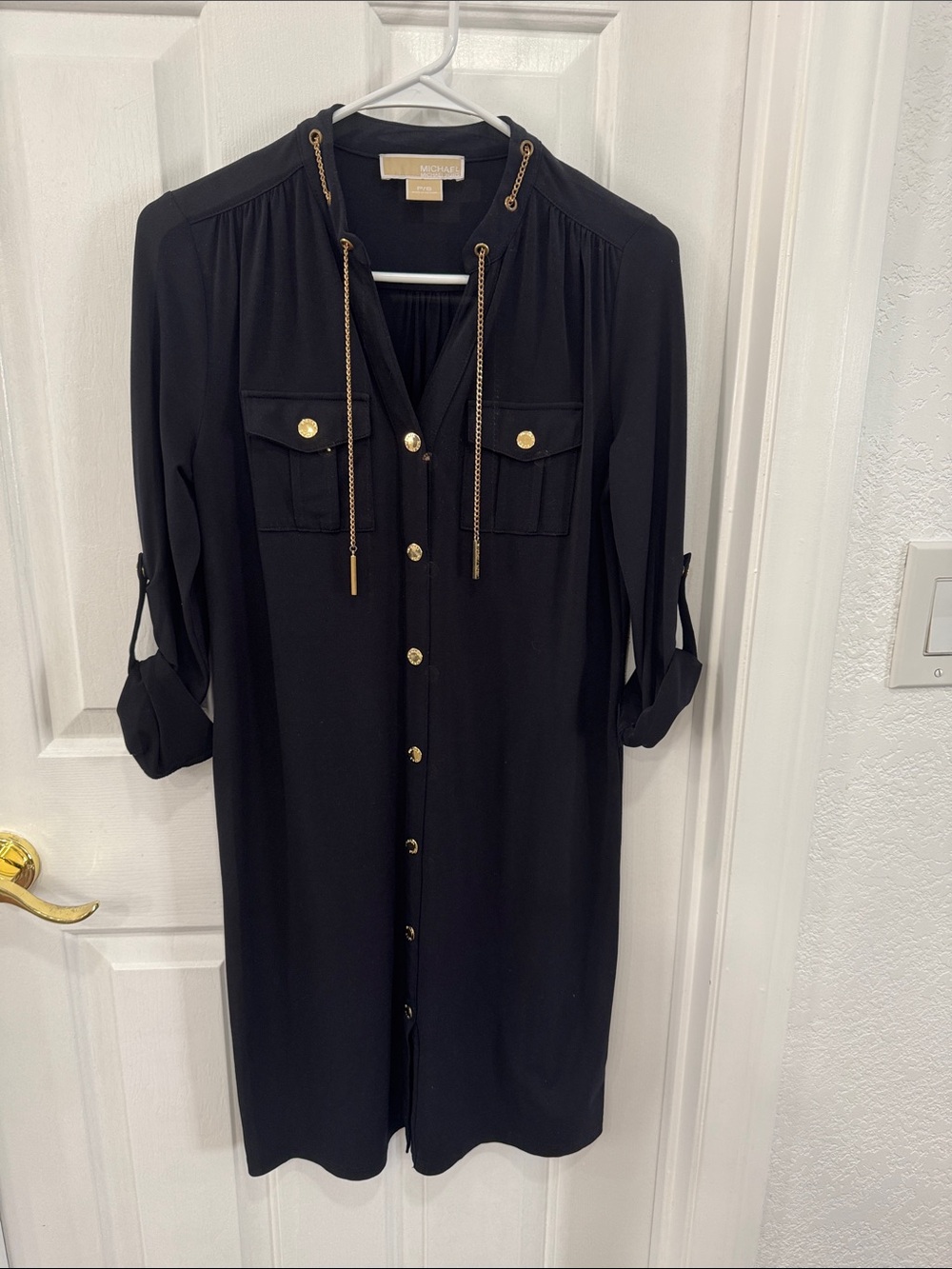 Michael Kors Black Shirt Dress with Gold Chain-Tie and Buttons